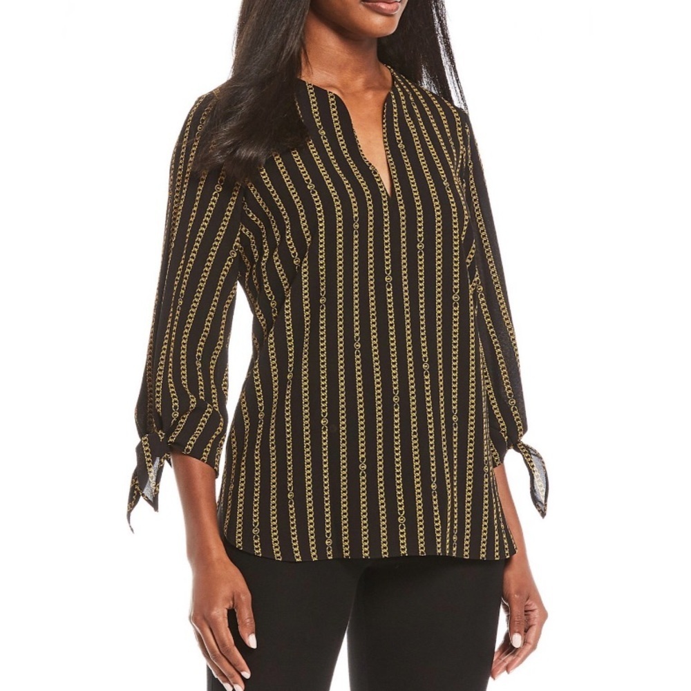 MICHAEL Michael Kors Stripe Chain Print Textured Crepe Split V-Neck Blouse NWT